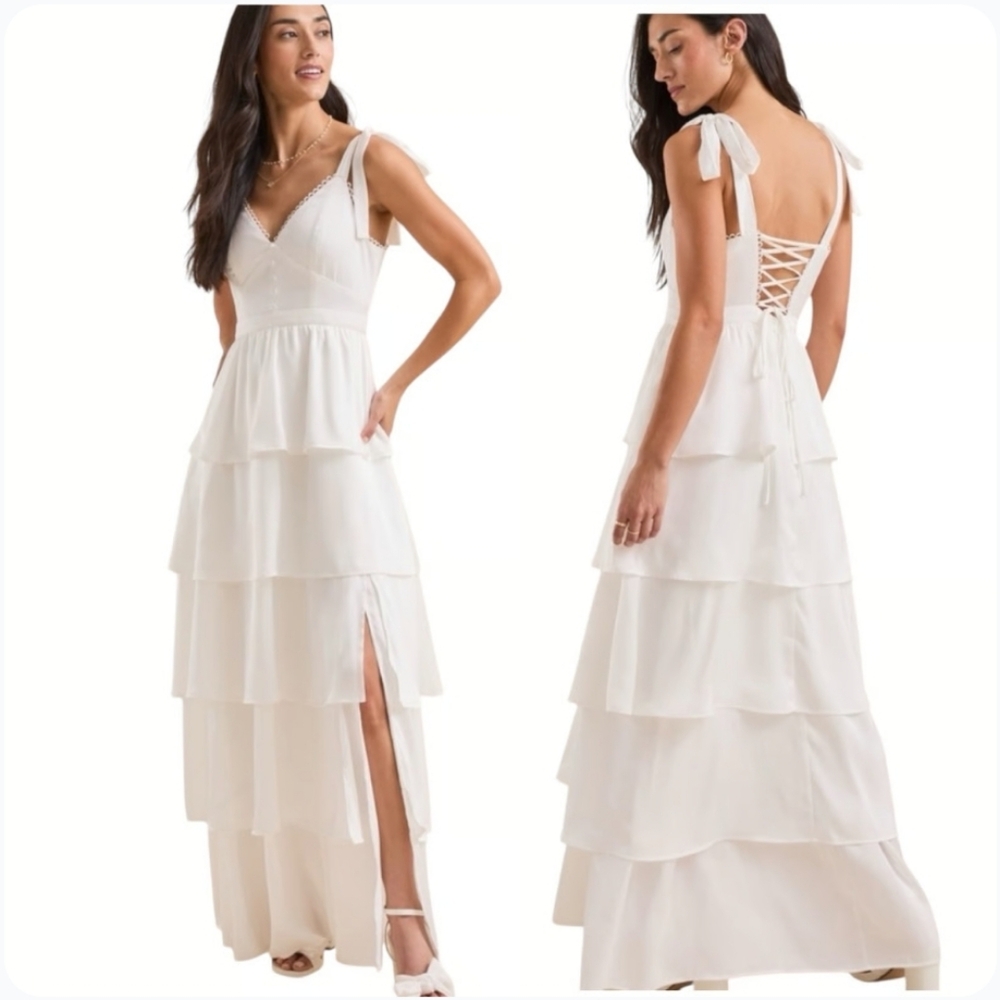 Altar'd State Dress Size M Maxi Tiered Layered Slit Ties At Back And Shoulders